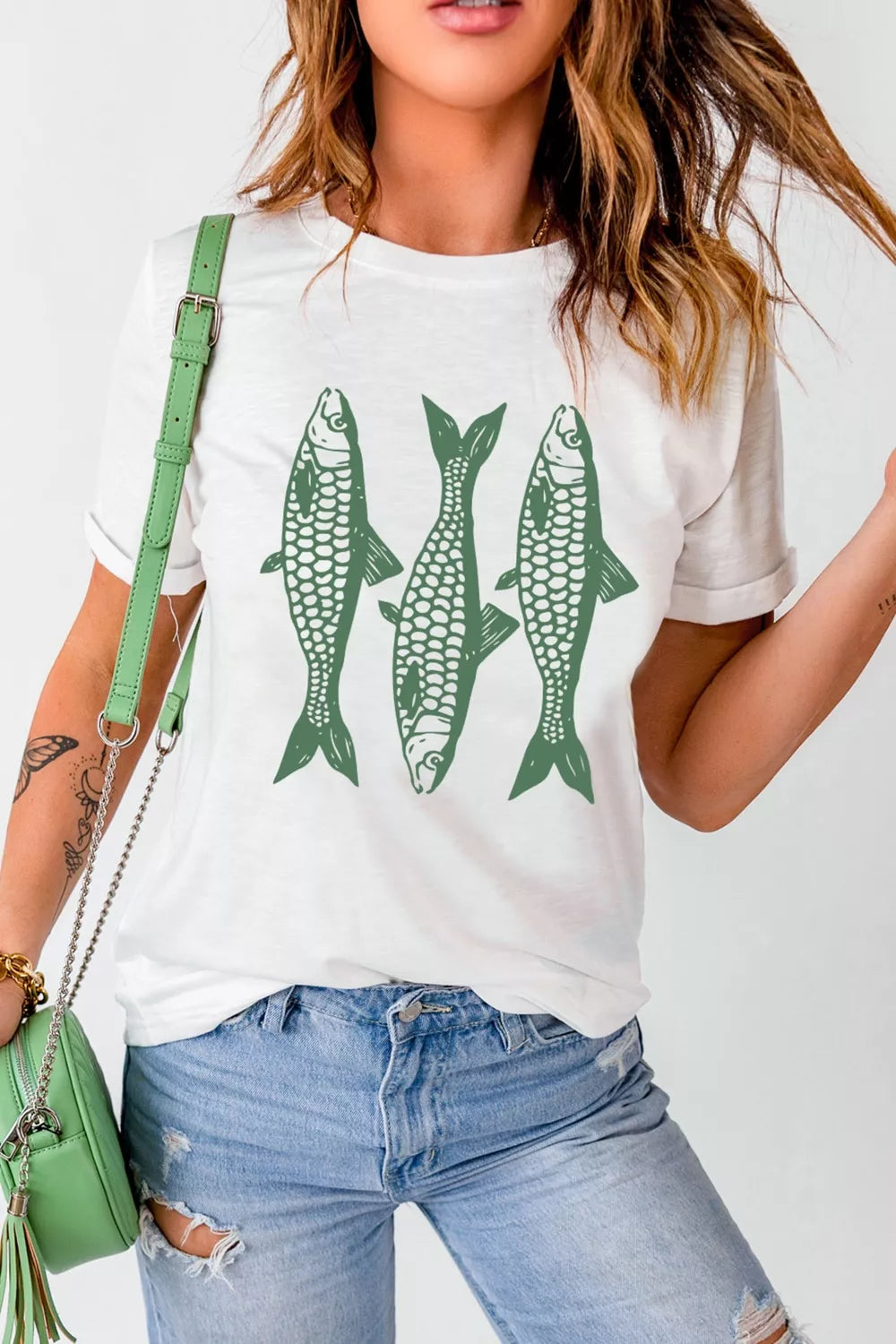 Fish graphic round neck tee plus size white front view
