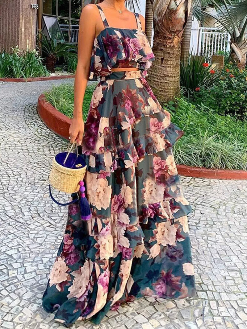Floral ruffle cami and skirt two piece set front view