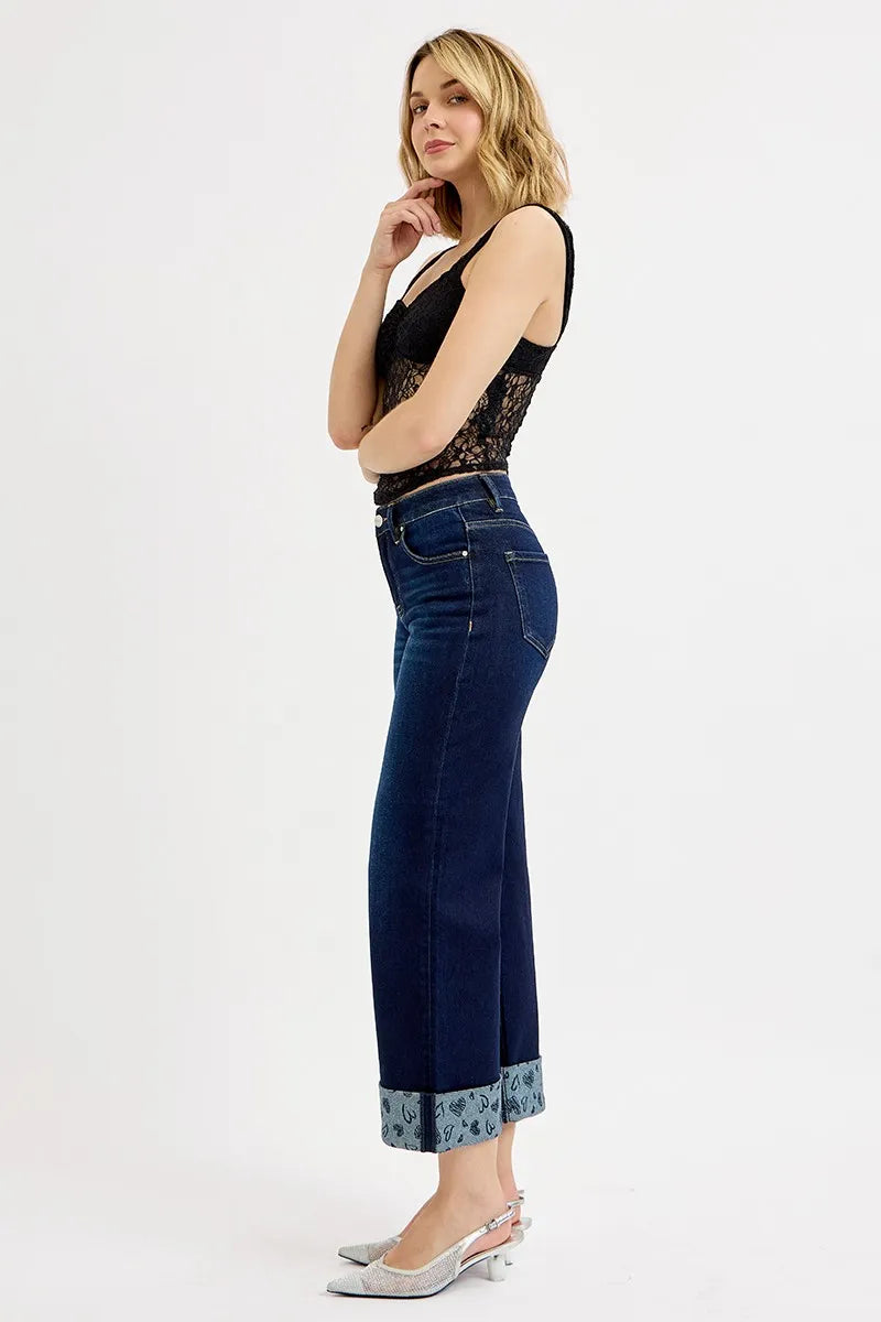 Model wearing RISEN printed cuff cropped jeans styled outfit