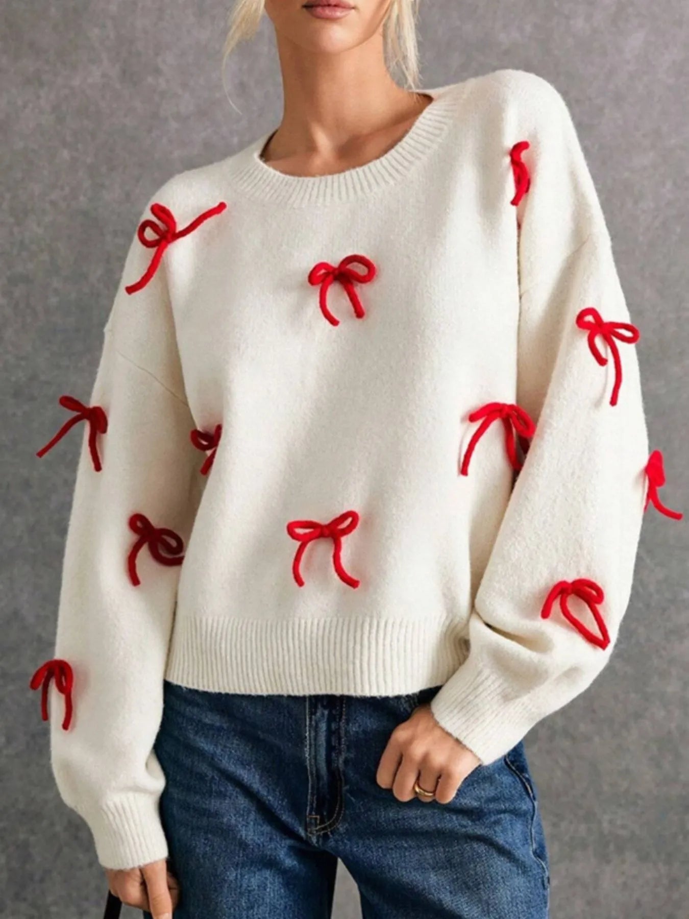 Bow Contrast Round Neck Long Sleeve Sweater White - Fashorio