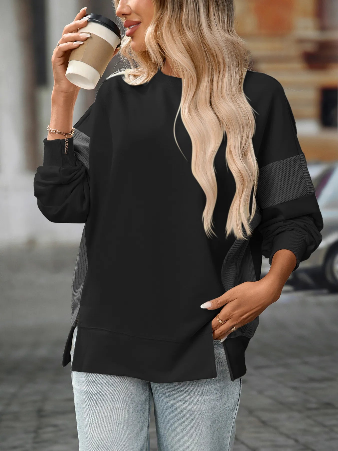 Slit Round Neck Long Sleeve Sweatshirt - Fashorio