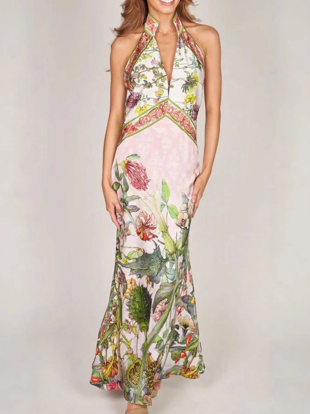 Printed Halter Backless Maxi Dress front view