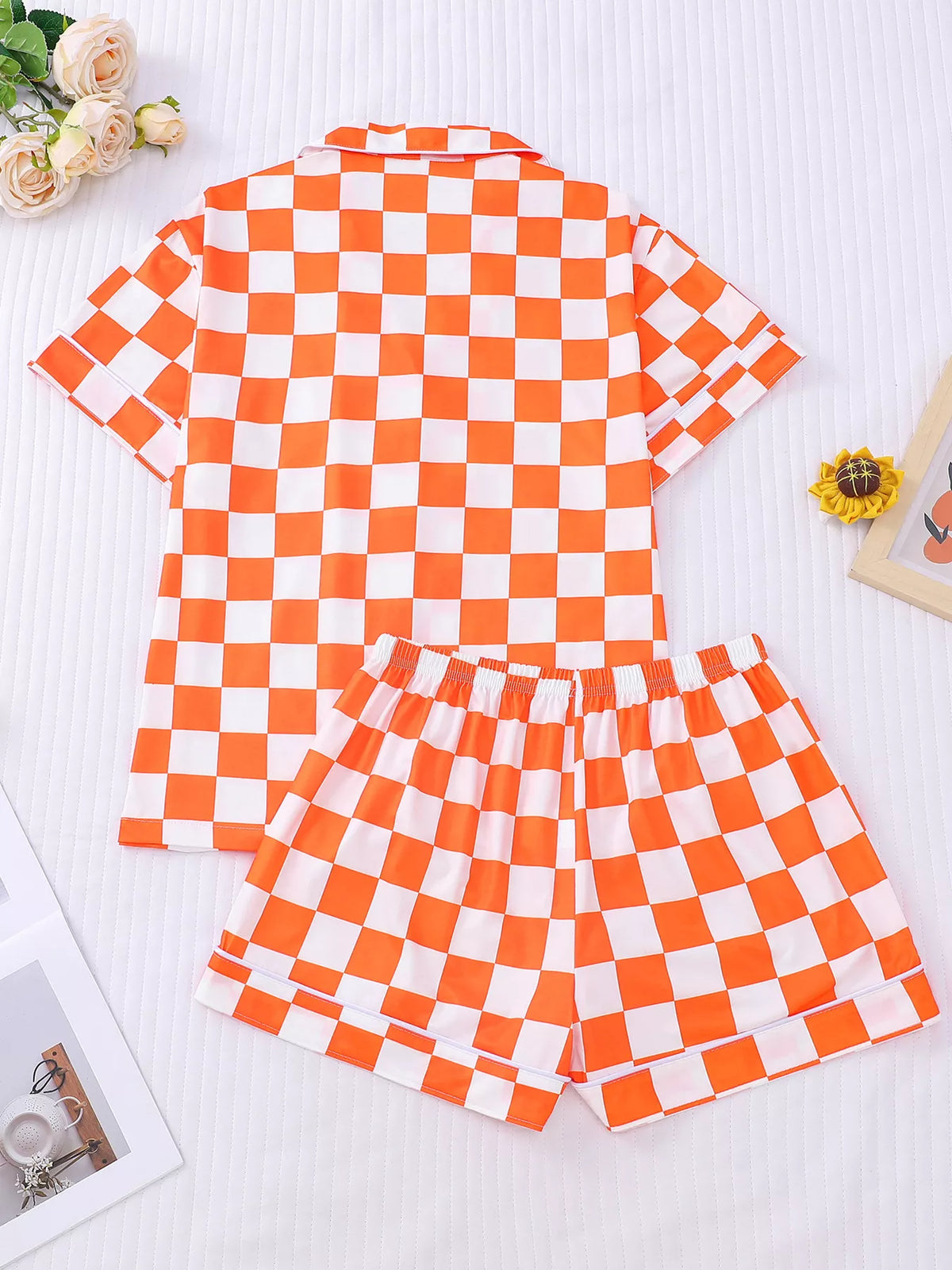Checkered Print Button Up and Shorts Two Piece Set, view 6
