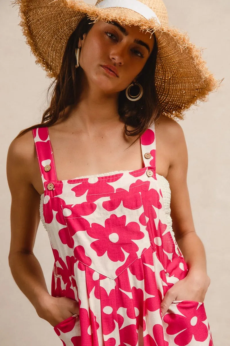 BiBi Floral Prints Tuck Detail Short Overall With Pockets - Fashorio