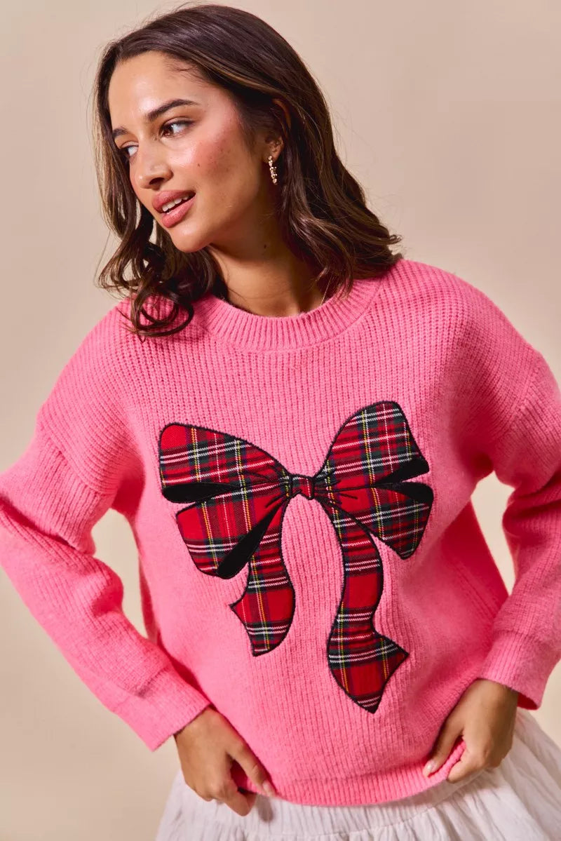 Checker Plaid Ribbon Christmas Sweater in Pink side view