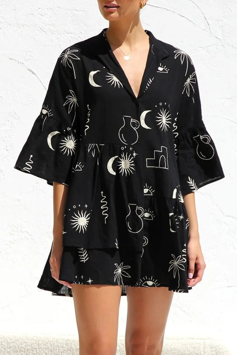 Ruched printed three quarter sleeve mini dress front view