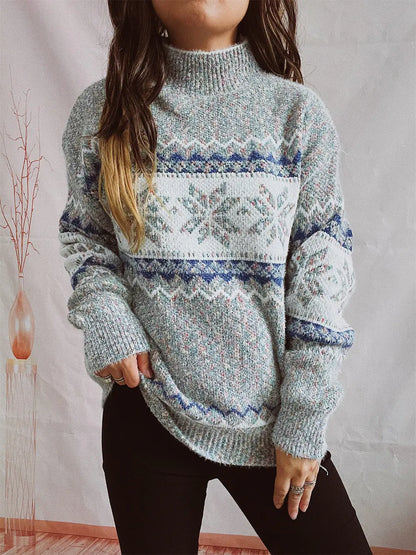 Geometric Mock Neck Dropped Shoulder Sweater Cloudy Blue - Fashorio