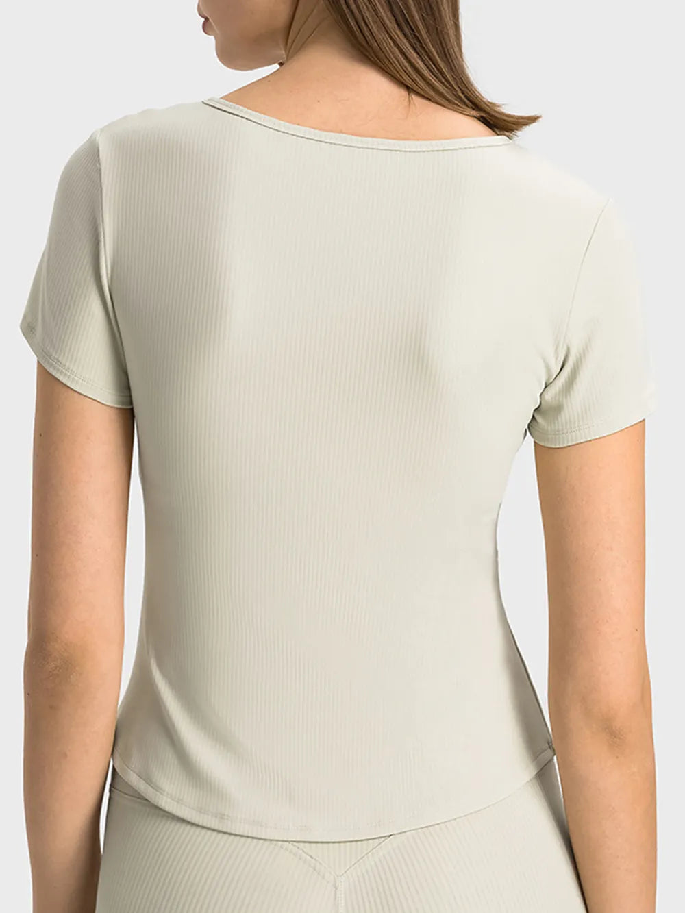 Notched neck short sleeve active t-shirt front detail