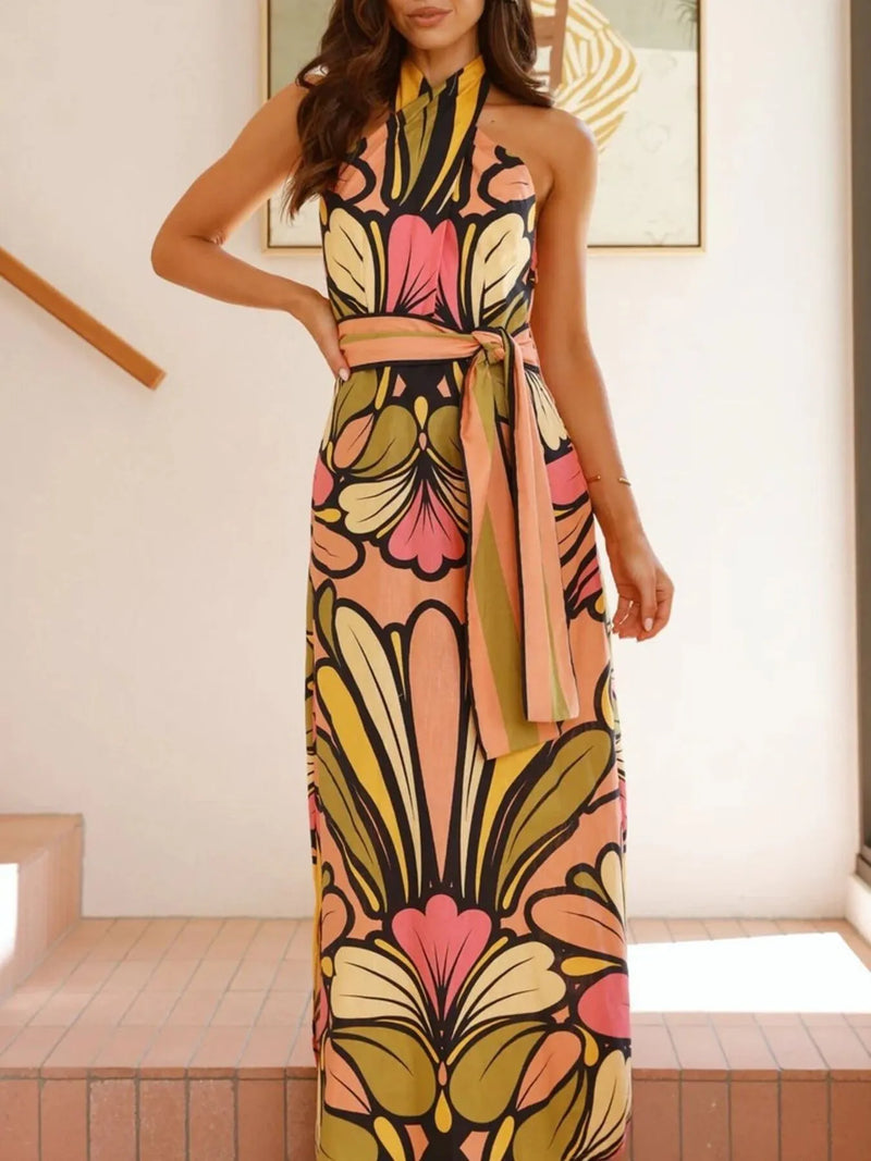 Printed Halter Neck Maxi Cami Dress front view