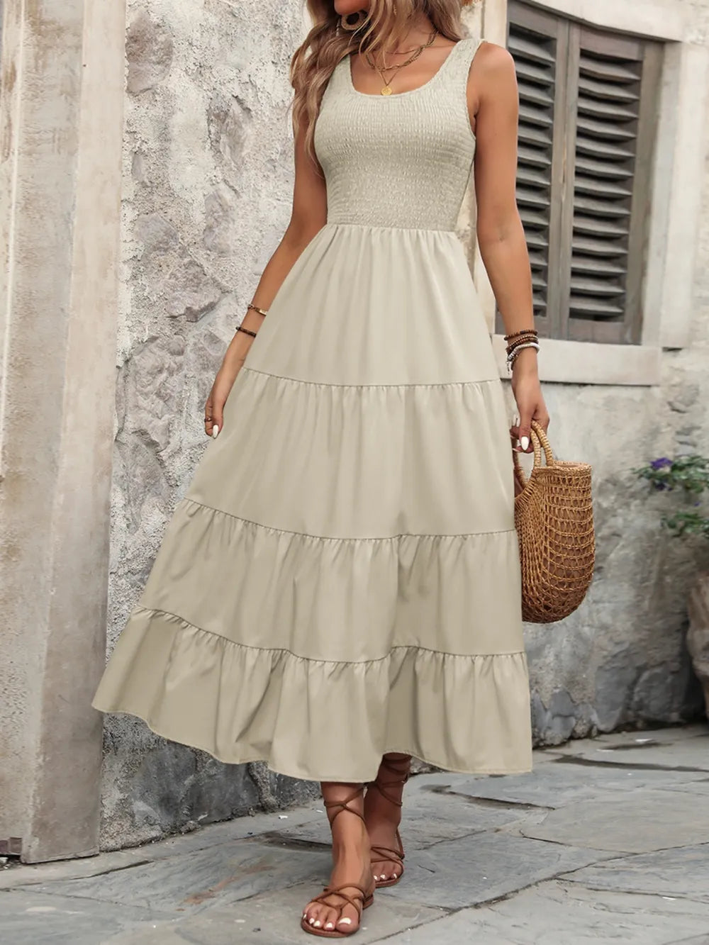 Smocked Scoop Neck Tank Maxi Dress, styled look