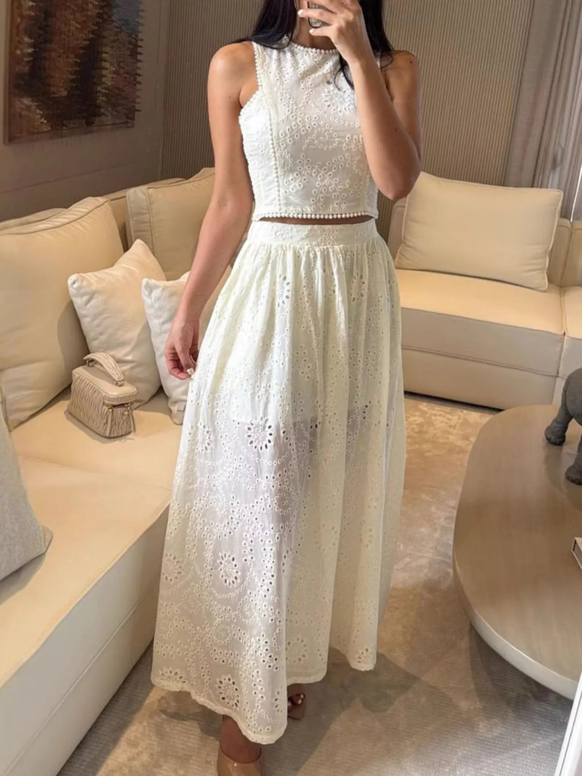 Eyelet two piece set fabric texture close up