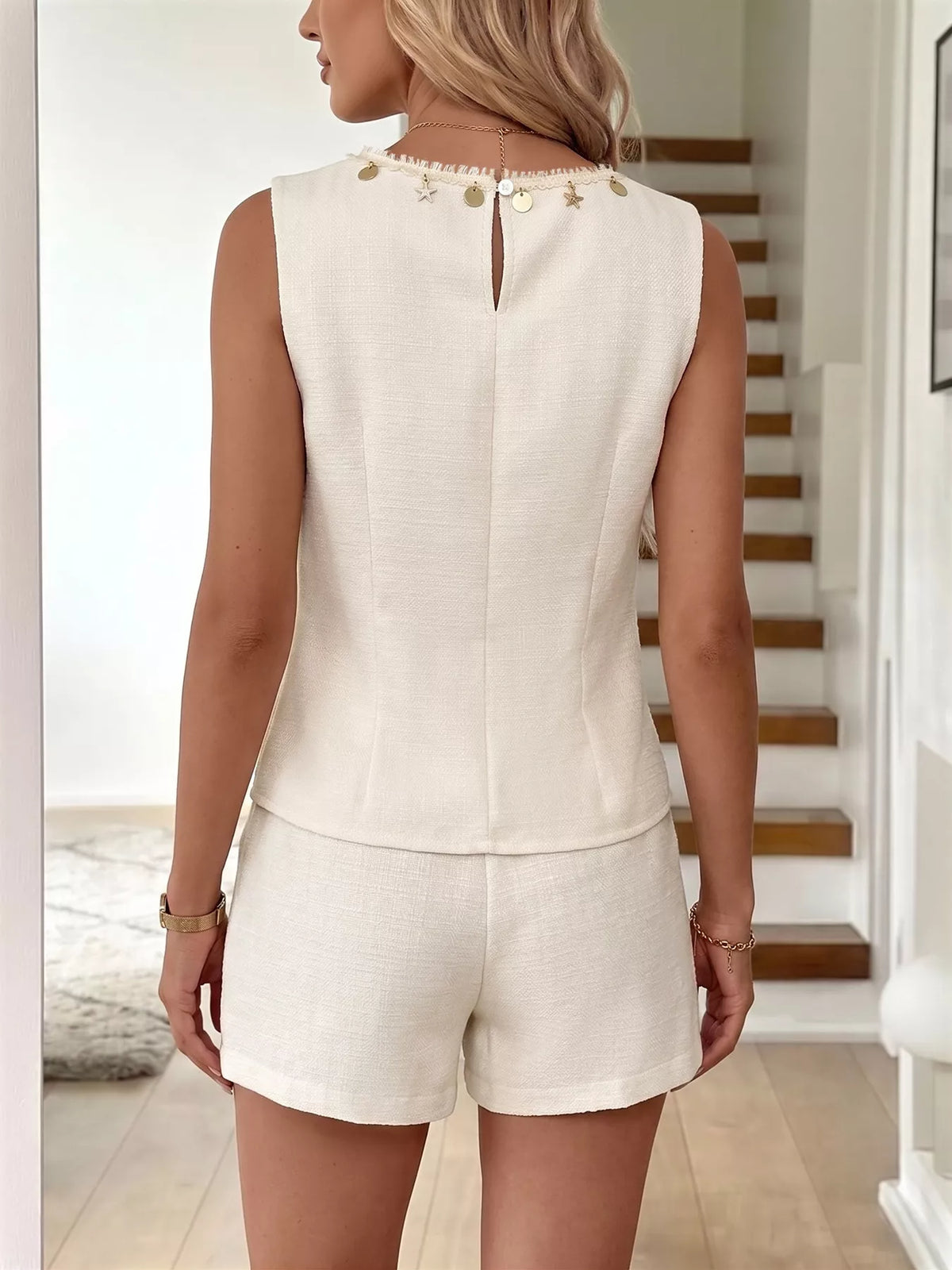 Matching khaki top and shorts set back view