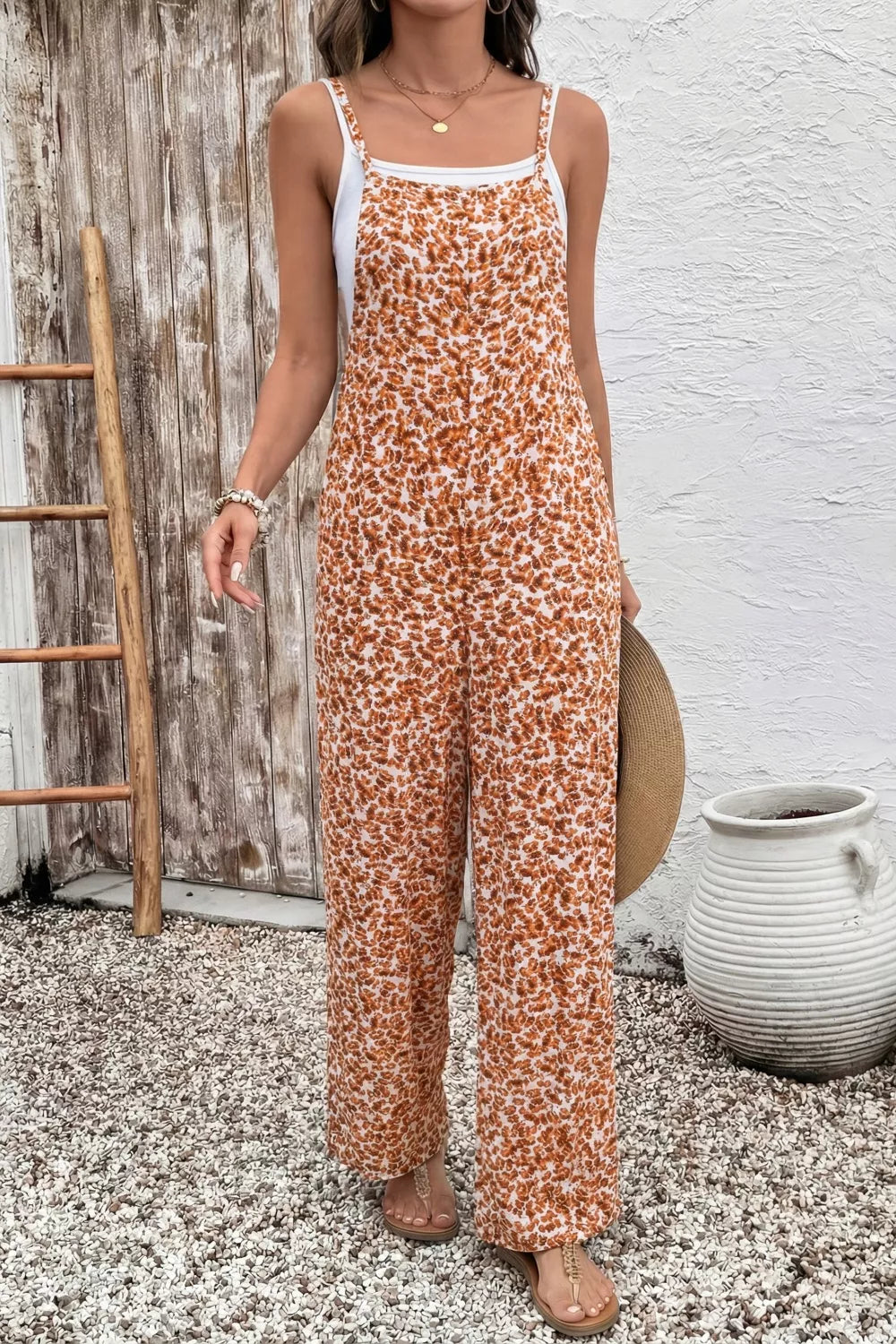 Sherbet floral spaghetti strap wide leg jumpsuit back view