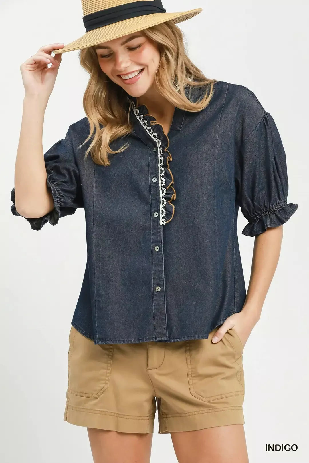 Indigo chambray scalloped trim button front blouse front view