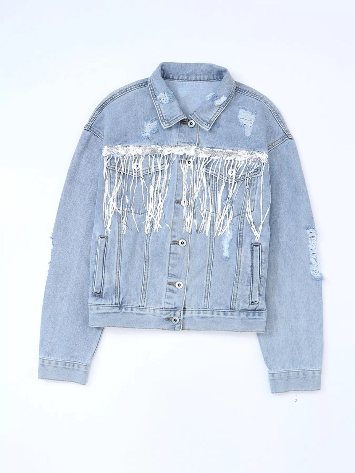 Fringed Sequin Denim Jacket in Light Blue on model