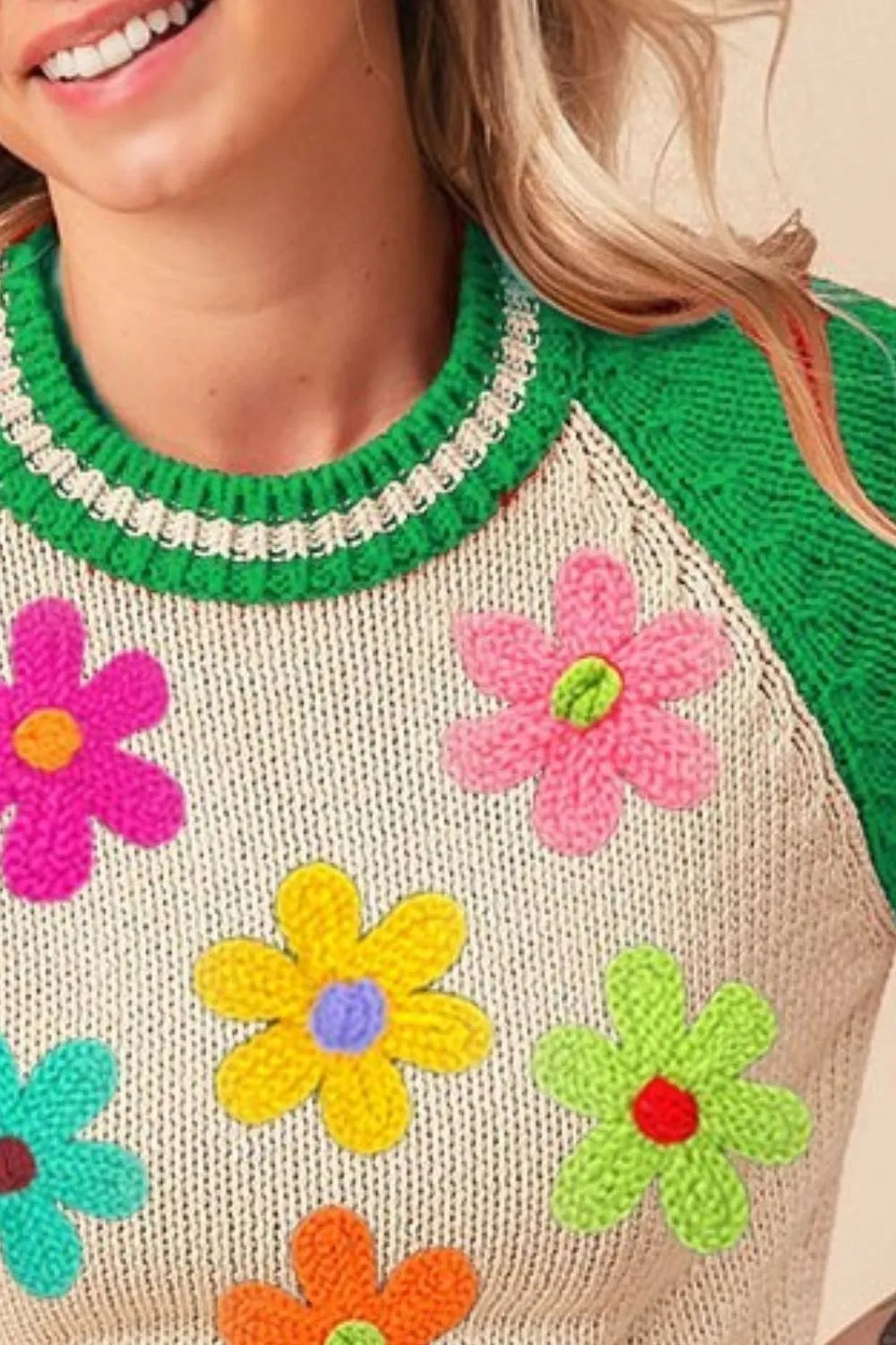 Crochet Floral Patch Striped Sweater in Jade side view