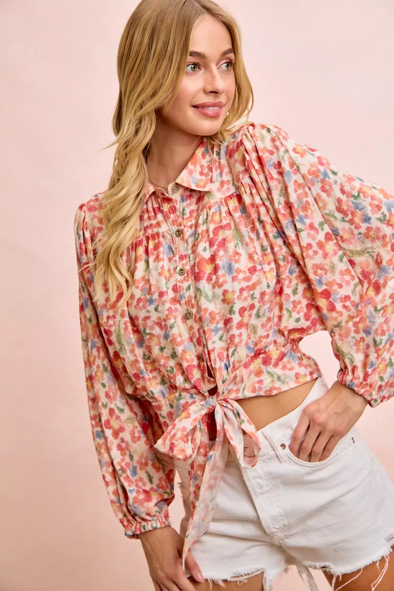 Floral print crop shirt styled with jeans view