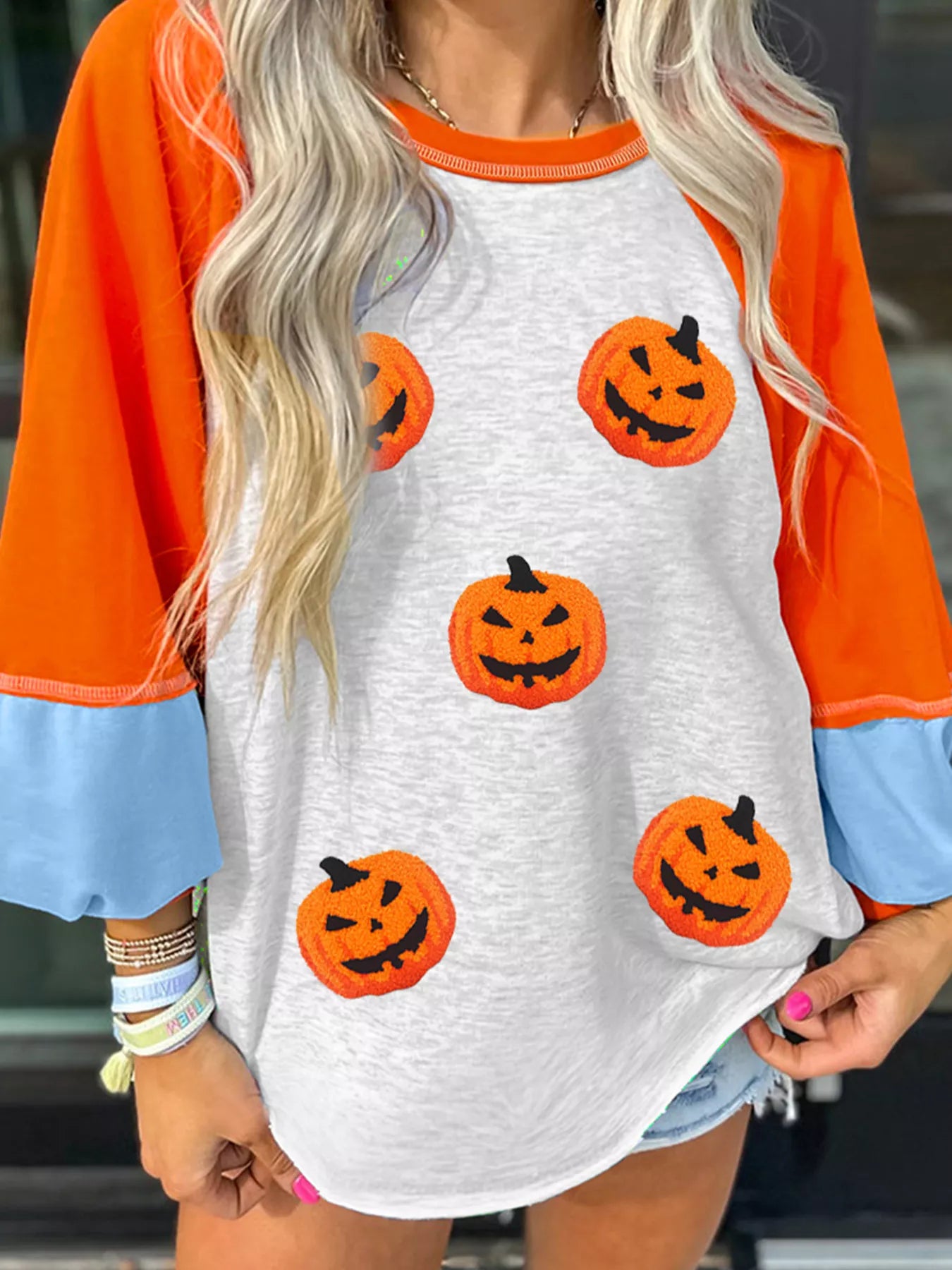Halloween Pumpkin Print Long Sleeve T-Shirt Light Gray - Fashorio