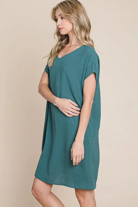 V Neck Short Sleeve Dress with Pockets in Teal side view
