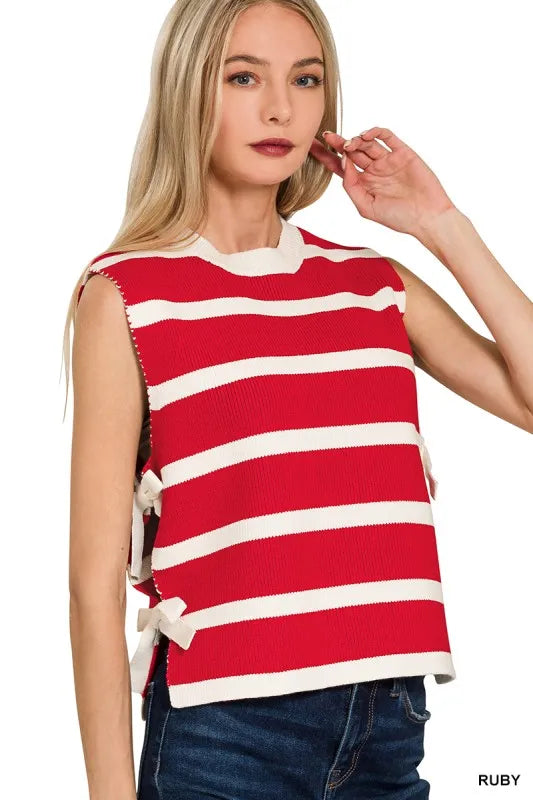 Side Tie Striped Sweater Vest in Ruby