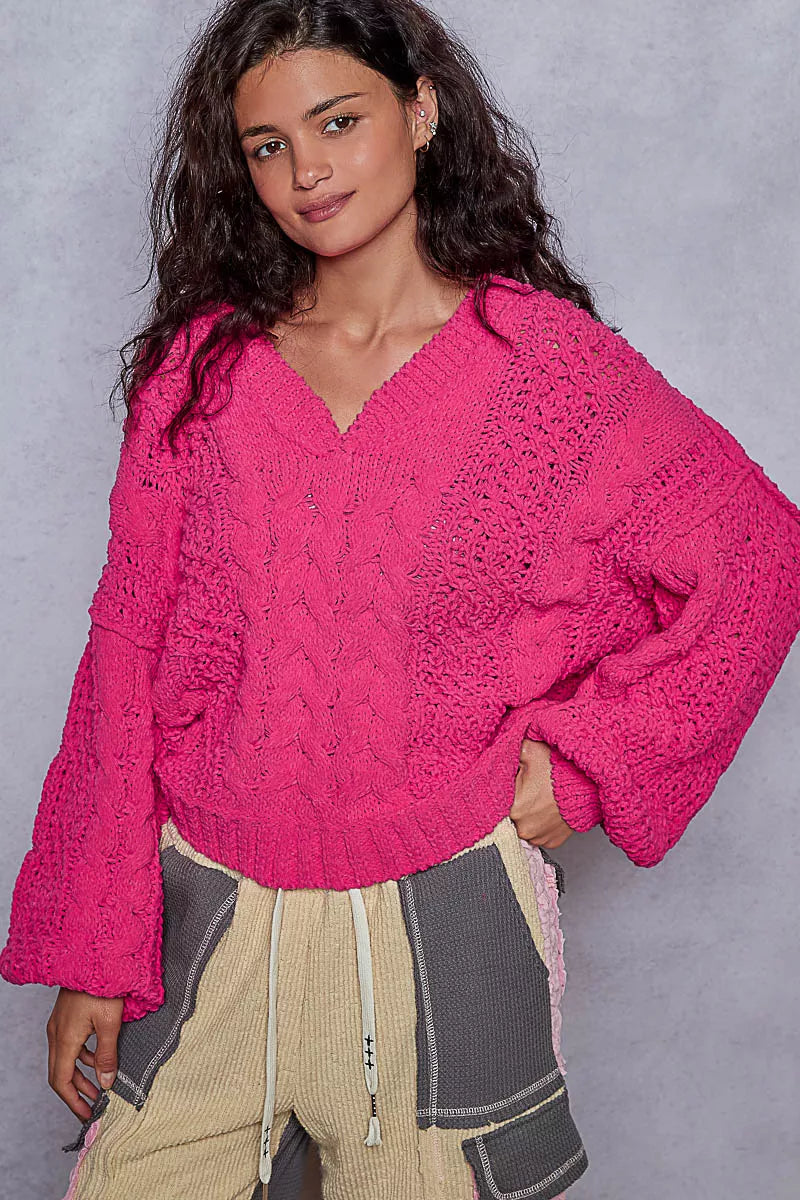 Cable Knit Cropped V Neck Sweater in Fuchsia view 9