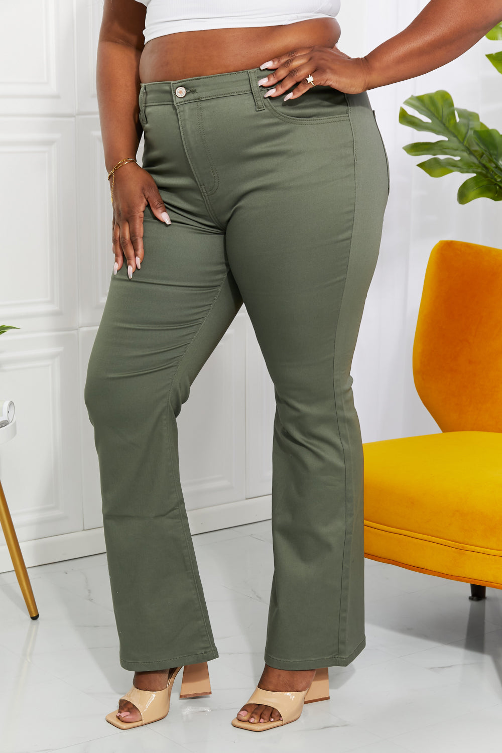 High Rise Bootcut Jeans in Olive close up