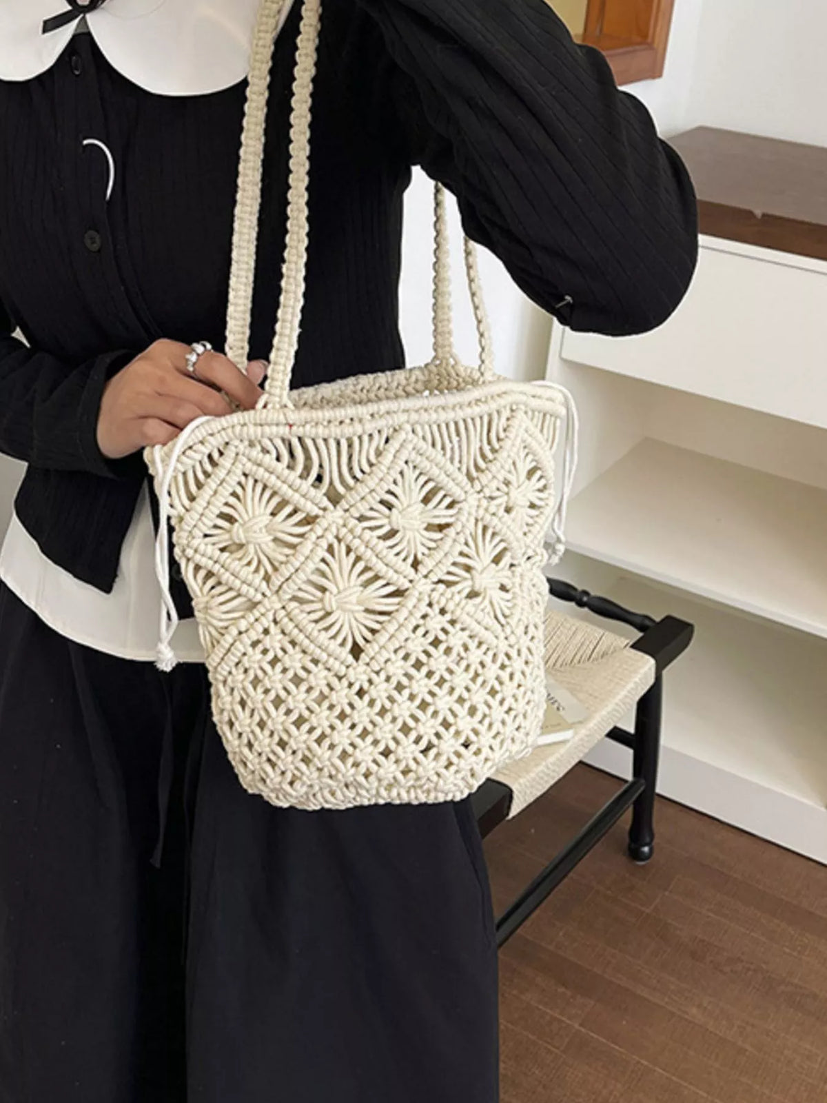 Interior of off white bucket bag