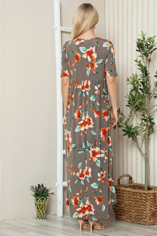 Coffee Brown floral short sleeve maxi tee dress, skirt movement detail
