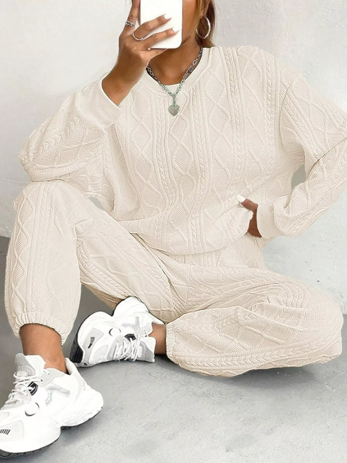 Texture Round Neck Top and Pants Set, view 13