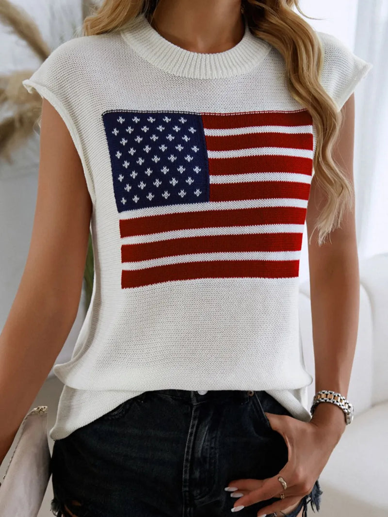American Flag Round Neck Sweater Vest in White