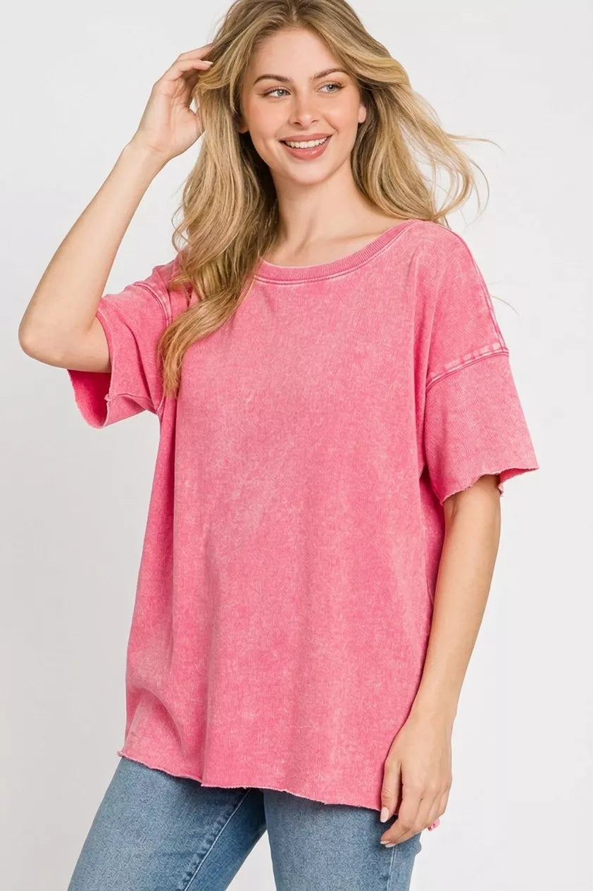 Zenana acid wash French terry drop shoulder top in fuchsia side view