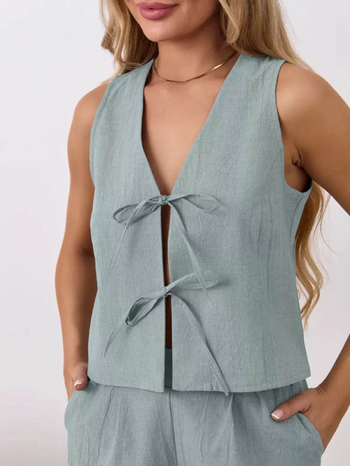 Tie-Front Sleeveless Top and Shorts Set, view 8