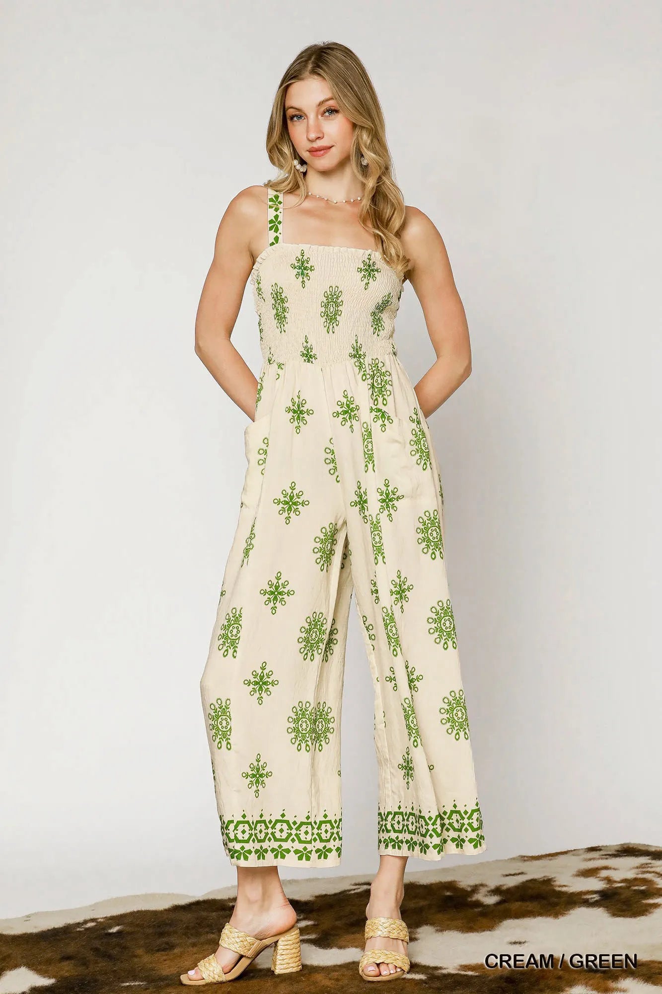 Umgee Smocked Printed Wide Leg Jumpsuit CREAM GREEN - Fashorio
