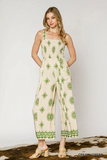 Umgee Smocked Printed Wide Leg Jumpsuit CREAM GREEN - Fashorio