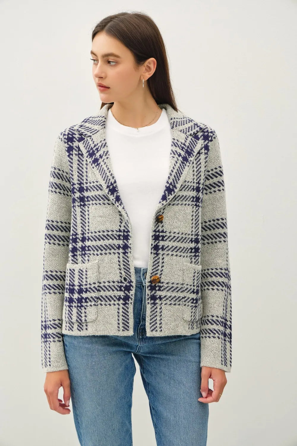 Plaid Button Front Sweater Jacket with Patch Pockets detail