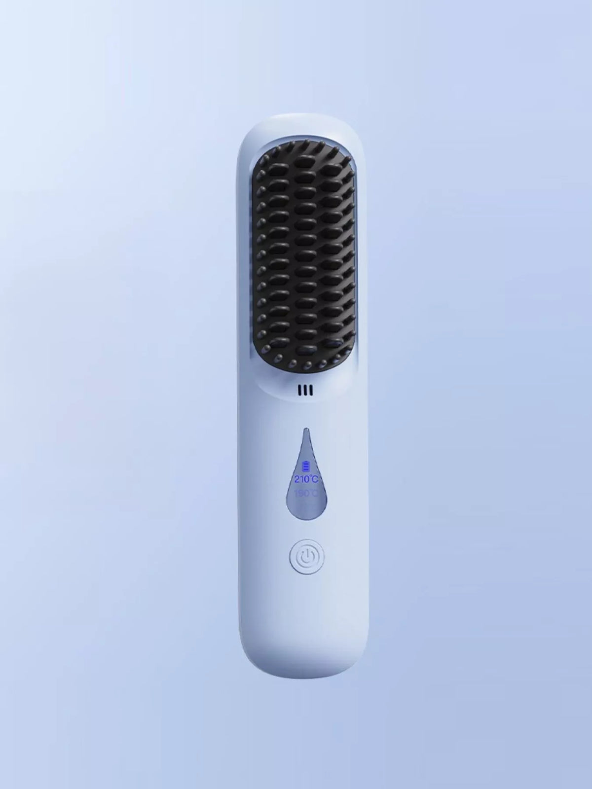 Blue heated hair brush held in hand