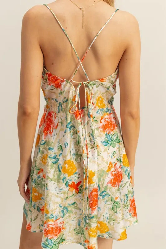 Floral Cowl Neck Flirty Satin Mini Dress on model