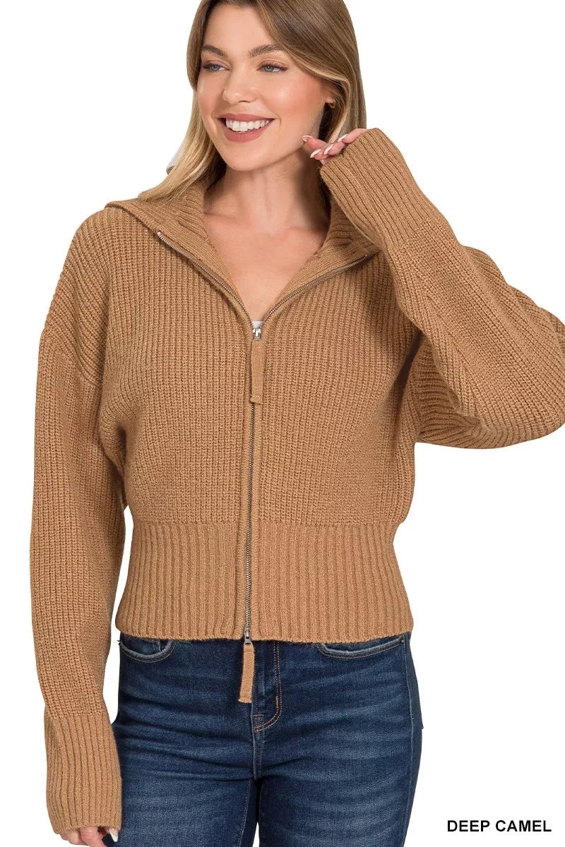 Ribbed Collared Zip Up Cardigan in Camel