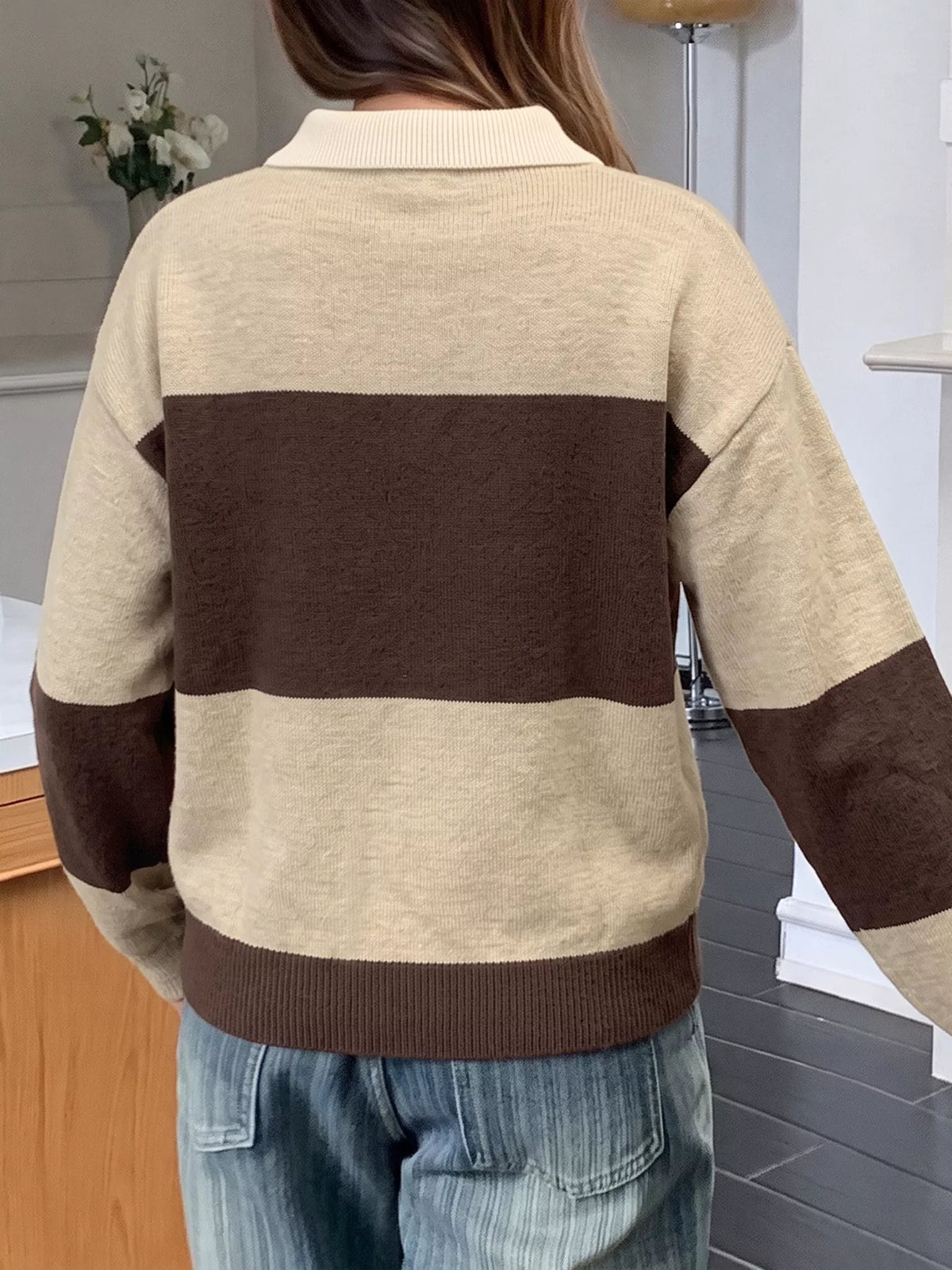 Color Block Polo Collar Sweater styled look