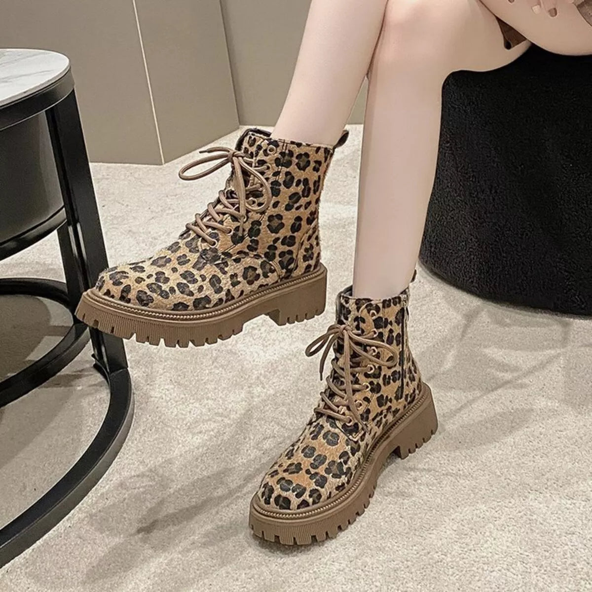 Animal print lace up ankle boots front view
