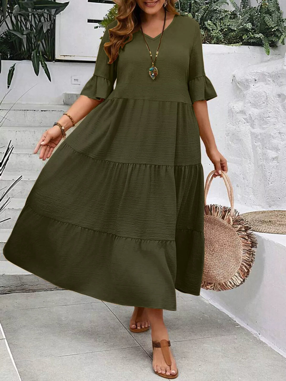 Plus Size Ruffle Sleeve Tiered Midi Dress, view 10