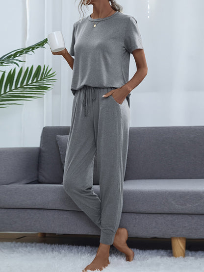 Shiny Round Neck Short Sleeve Top and Pants Set - Fashorio