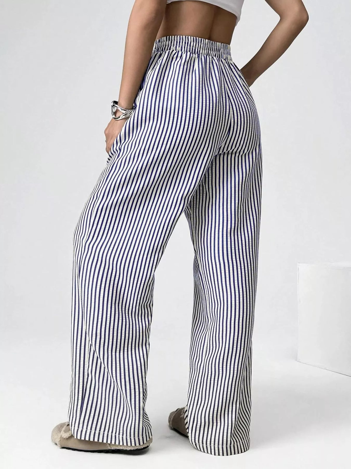 Striped high waist wide leg pants, back view