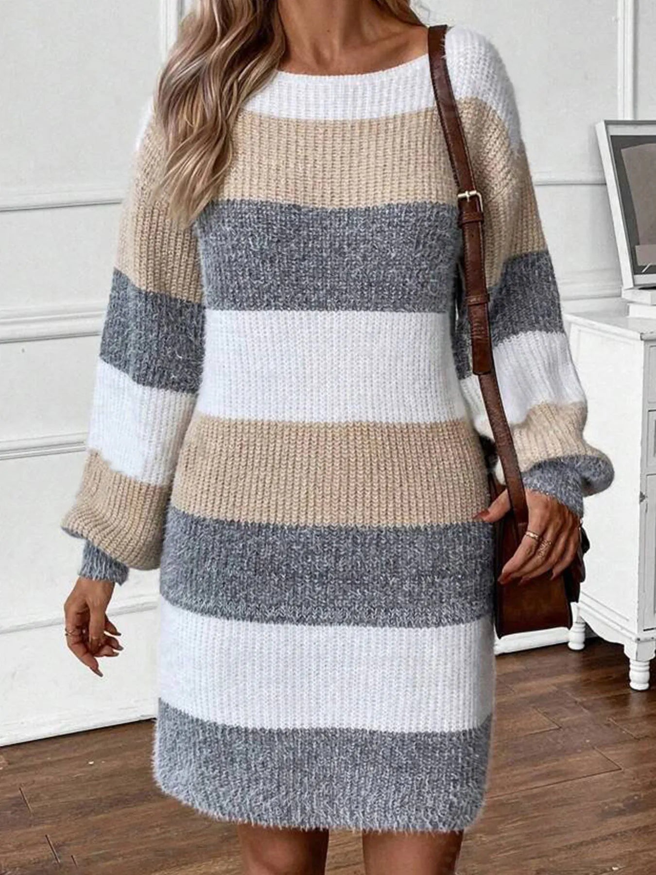 Color Block Long Sleeve Sweater Dress - Fashorio