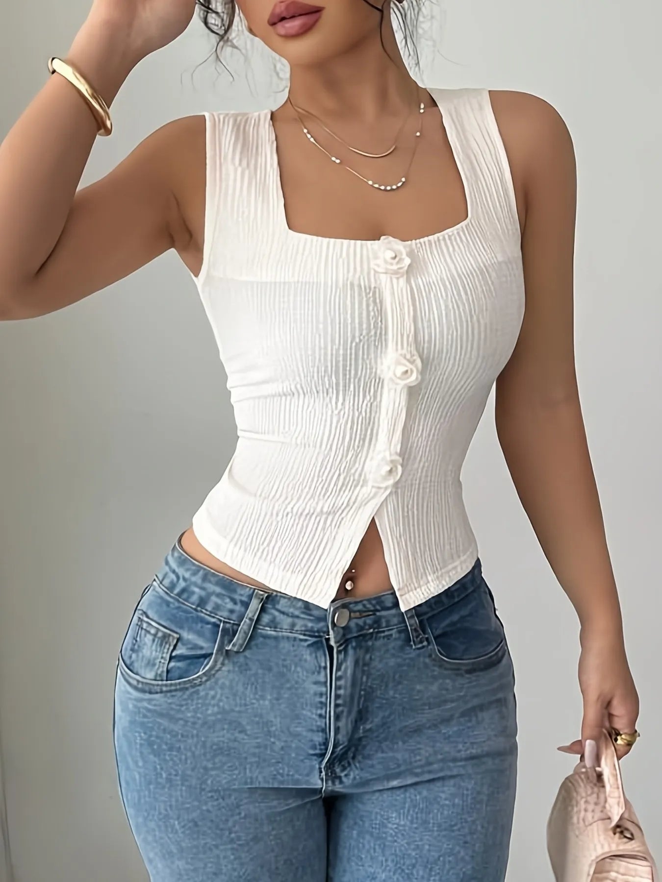 Flower Square Neck Tank - Fashorio