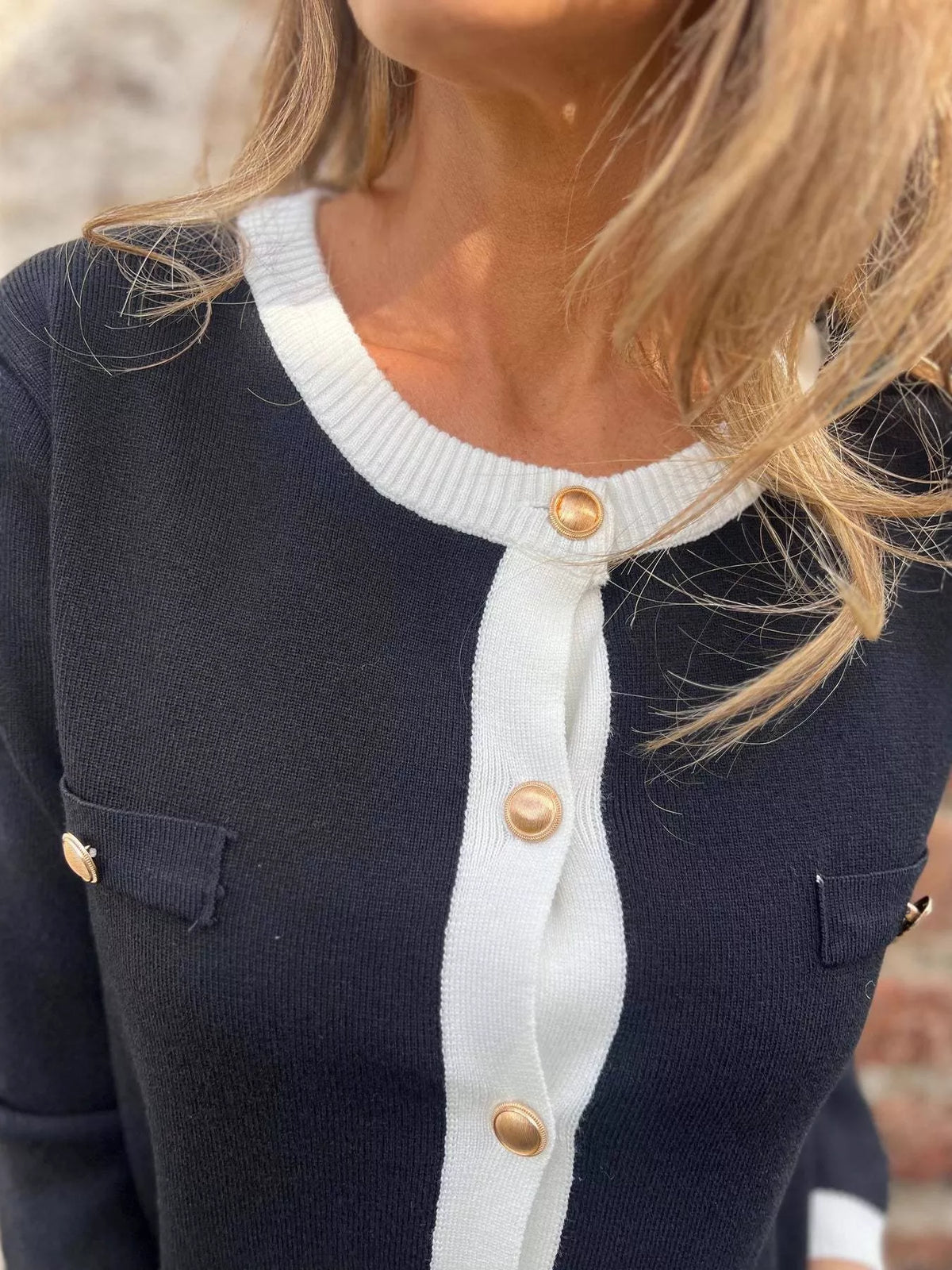 black contrast trim button up cardigan close fabric detail