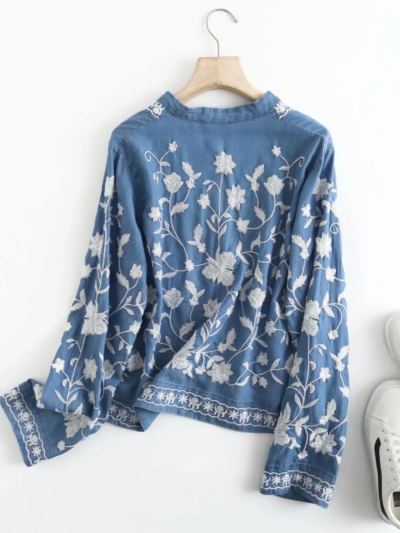 Floral Embroidered Button Up Denim Shirt - Fashorio