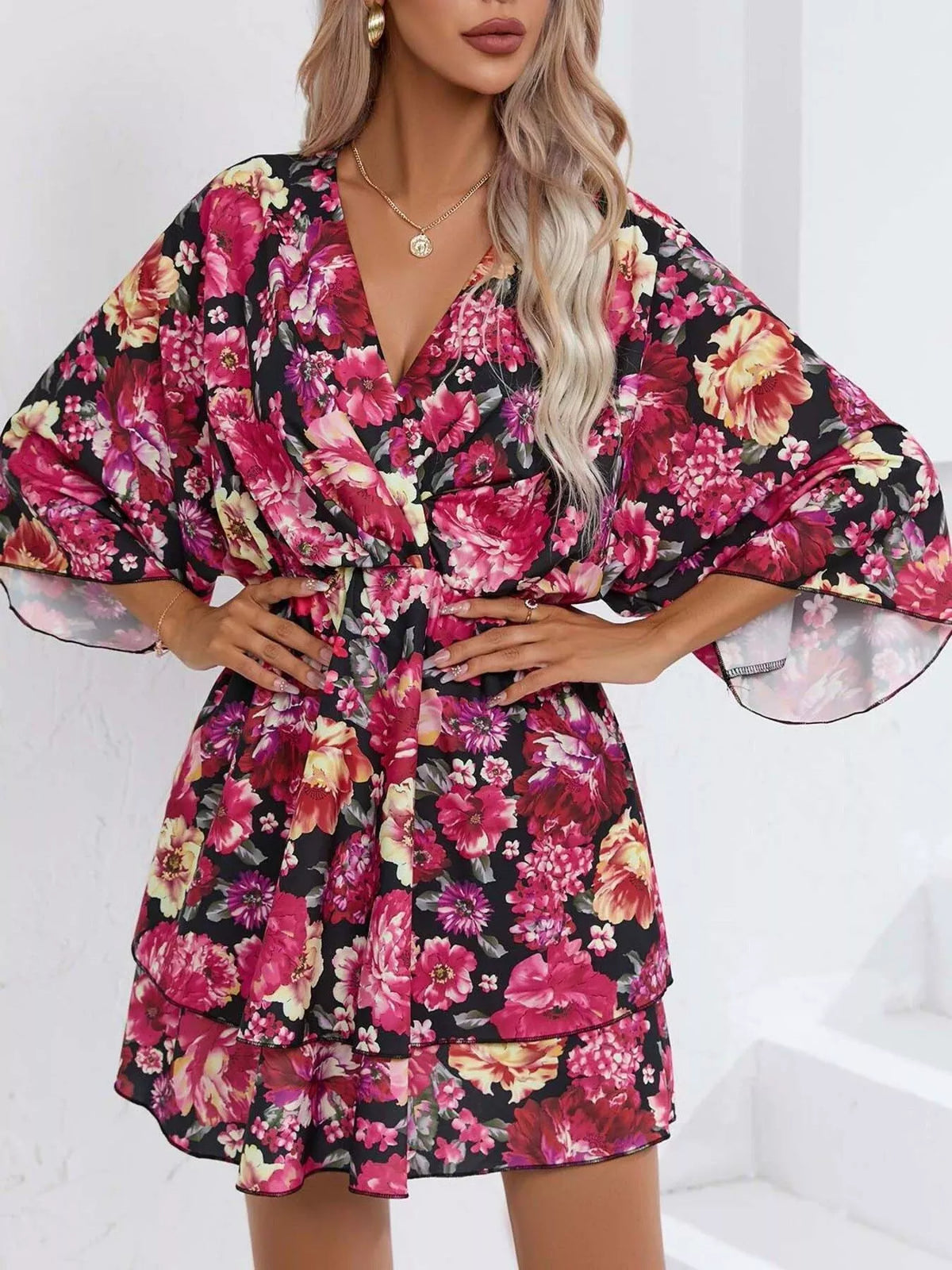 Floral print tiered ruffle hem mini dress front view