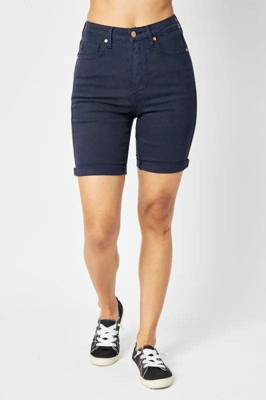 Judy Blue dark blue high waist Bermuda shorts front view on model