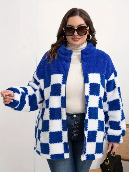 Checkered Fleece Oversized Zip Up Jacket Blue - Fashorio